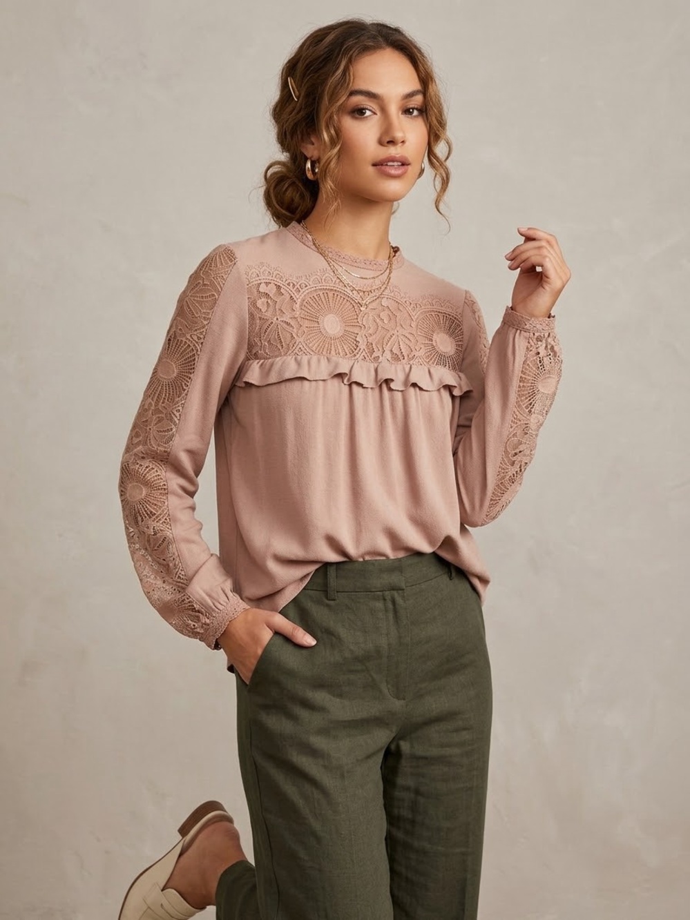 Ellison Dusty Rose Lace Yoke Ruffle Blouse